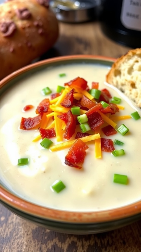 Loaded Baked Potato Soup Recipe Creamy loaded baked potato soup topped with bacon, cheese, and green onions, served with bread.